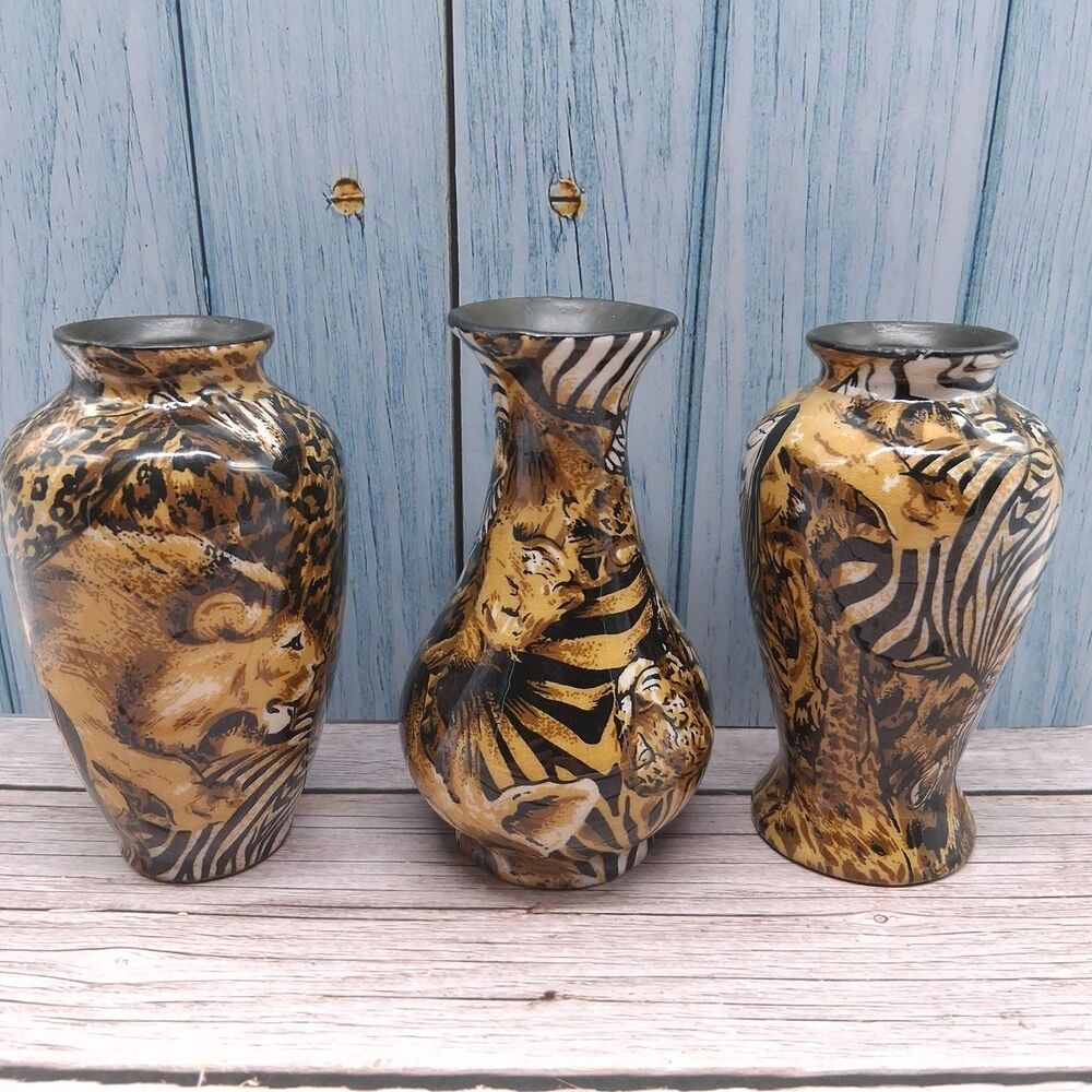 Set of 3 Safari Themed Vases 5 inch Ceramic Animal Print Patchwork designs